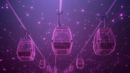 Futuristic Transportation Digital Cable Cars in Purple Abstract Cityscape Connected by Lines.の素材