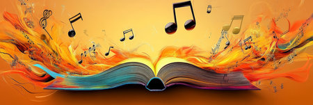 Open Book with Musical Notes and Fiery Abstract Design Music, Literature, and Creativity Conceptの素材
