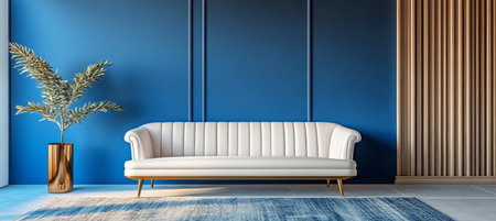 Minimalist Interior Design with White Sofa and Tropical Plant against Blue Wall, 3D Renderingの素材