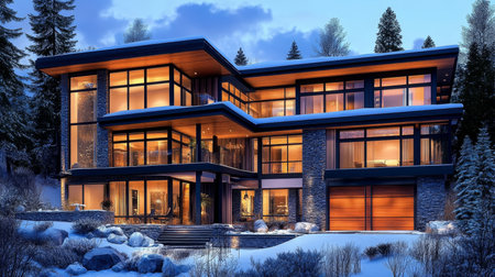 Luxury Modern Home Exterior with Glowing Windows, Stone Facade, and Winter Snow at Twilightの素材