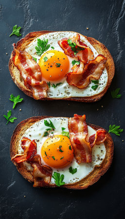 Two Slices of Toast with Fried Eggs, Crispy Bacon, and Fresh Parsley on a Dark Backgroundの素材