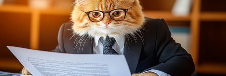 Serious Ginger Cat in Suit and Glasses Reviews Documents, Embracing Business Success.の素材