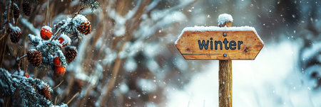 Winter Wonderland Snow Covered Wooden Sign with Festive Red Berries adds a Touch of Magicの素材