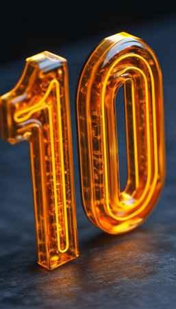 Glowing Orange Neon Number 10 On A Textured Dark Background, Three Dimensional Renderingの素材