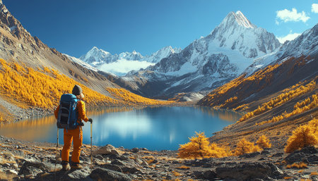Hiker Conquering Majestic Mountain Peaks, Breathtaking Alpine Scenery with Lake Panoramaの素材