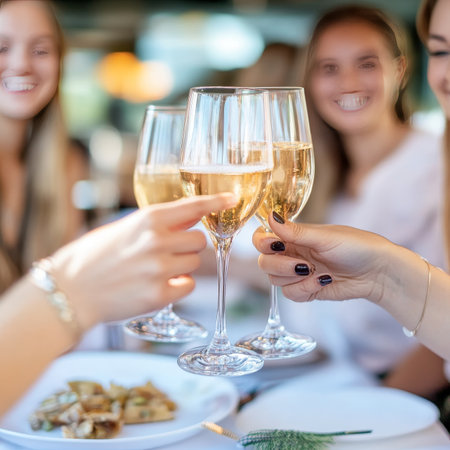 Friends Toasting, Celebrating With Wine Glasses, Having Fun. Friendship, Celebration Concept.の素材