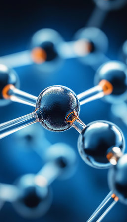 Abstract Background With Molecules, Atoms And Bonds. Blue 3D Chemical Science Illustration.の素材