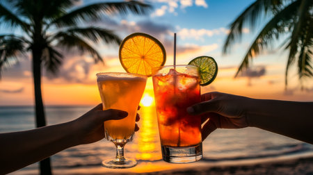 Tropical Cocktails, Beach Sunset Celebration Friends Toast Refreshing Drinks, Oceanfront Paradise.の素材