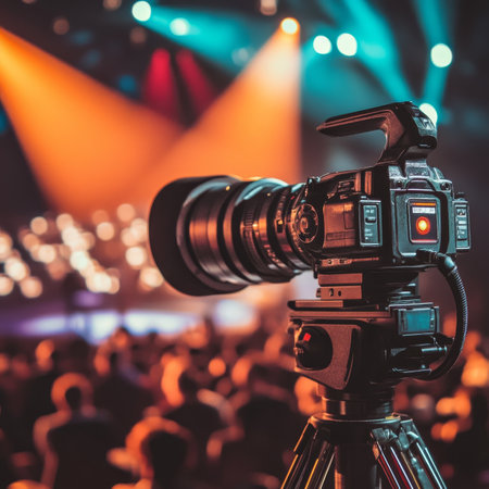Professional Digital Cinema Camera on a Tripod Filming a Live Concert, Event, or Showの素材