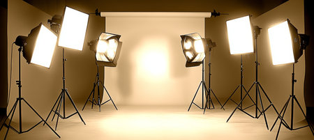 Professional Photography Studio Setup with Lighting Equipment on Tripods and Empty Backdropの素材