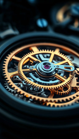 Close Up of Intricate Golden Clockwork Mechanism With Gears and Cogs on Black Backgroundの素材