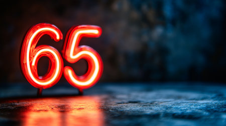Glowing Neon Number 65 on a Textured Background for Celebrations, Birthdays, and Anniversariesの素材