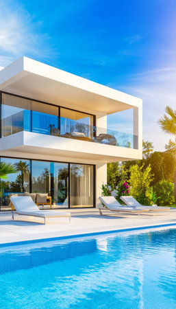 Modern Luxury Villa with Pool and Gorgeous Blue Sky, Ideal for Vacation Rental or Dream Home.の素材