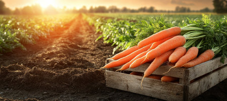 Freshly harvested organic carrots in a wooden crate at the edge of the field. Low sunlight.の素材