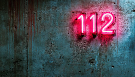 Emergency Number 112 Illuminated in Bright Pink Neon on a Dark, Grunge Wall with Bloodstainsの素材