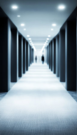Empty, modern corridor with bright lights and a lone figure, conveying mystery and solitude.の素材