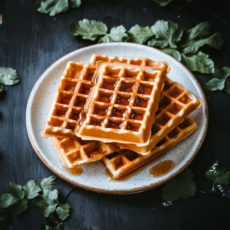 Classic Belgian Waffles with Maple Syrup on a Rustic Background, Perfect for Breakfast or Brunchの素材