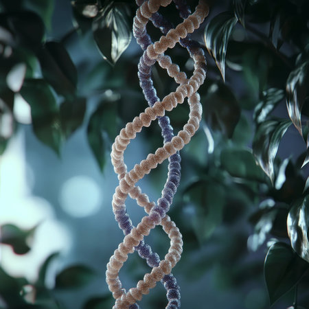Glowing DNA Double Helix Structure Surrounded by Foliage Science, Nature, and Biology Concept.の素材