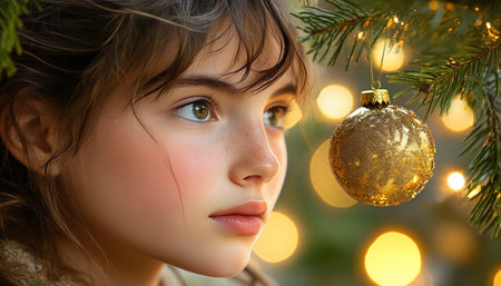 Lost in Wonder Young Girl Contemplates a Sparkling Christmas Ornament, Festive Bokeh Backgroundの素材