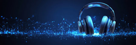 Digital Blue Headphones With Abstract Glowing Particles on Dark Background, Music Technology Conceptの素材