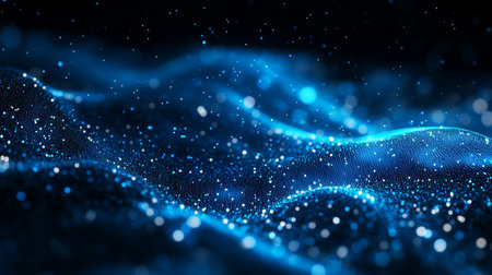 Abstract Blue Wavy Particles Background with Depth of Field, Technology, Digital data Cyberspaceの素材