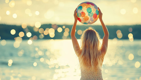 Carefree Woman with Beach Ball Enjoying Summer Sunset. Golden Hour Happiness by the Water.の素材