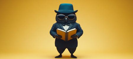 Owl wearing a Suit, Bow Tie, Hat, and Sunglasses Holding Open Book on Yellow Backgroundの素材