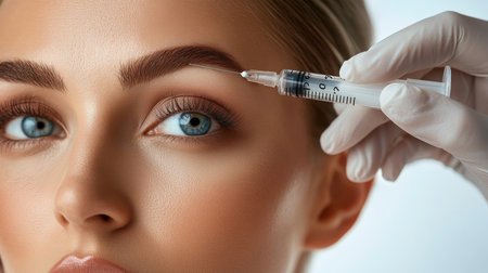 Young Caucasian Woman Receiving Injections In Her Forehead, Beauty and Skincare Conceptの素材