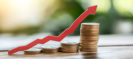 Increasing Stacks Of Coins With Red Upward Arrow, Depicting Business Growth And Financial Successの素材