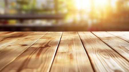 Empty wooden table perspective and blur green garden background. Sunny day, product display.の素材