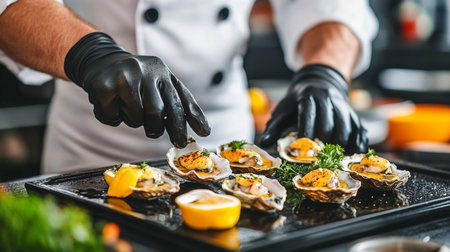 Chef in Black Gloves Arranging Fresh Oysters with Lemon and Garnish on a Serving Tray, Close-upの素材