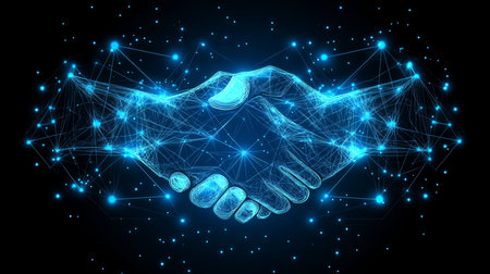 Digital Partnership Abstract Handshake of Technology and Innovation Representing Collaboration.の素材