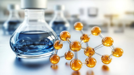 Laboratory Glassware, Blue Solution and Molecular Model, Concept for Scientific Research.の素材