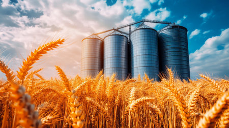 Golden Wheat Field, Modern Grain Storage Silos, Dramatic Sunset Sky. Harvest, Agriculture Concept.の素材