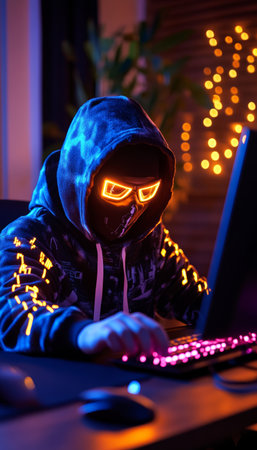 Concentrated Gamer Wearing a Futuristic Mask and Hoodie Playing Video Games at Night, Lit by RGBの素材