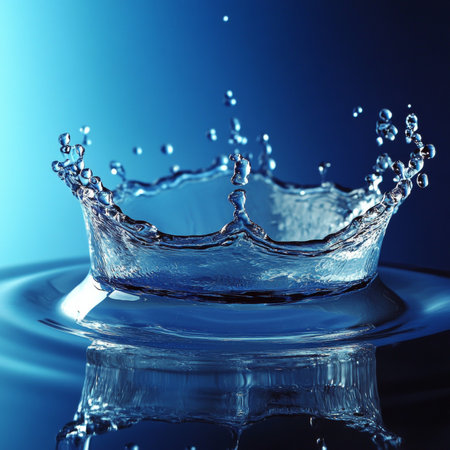Water Crown. Splash of clean water with crown shape, on blue gradient background with drops.の素材