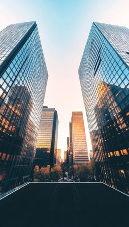 Modern Cityscape Soaring Glass Office Towers Against a Sunny Sky. 90-Characters for SEO, Businessの素材