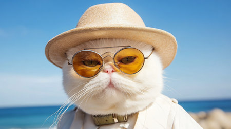 Stylish Persian Cat In Hat And Sunglasses At The Beach, Enjoying Summer Vacation And Sunshine.の素材