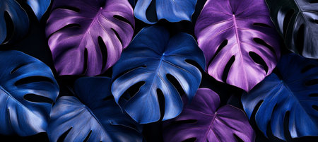 Tropical Monstera Leaves in Vibrant Purple and Blue, Creative Nature Background Textureの素材