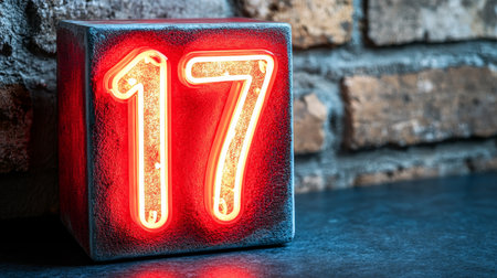 Number Seventeen, Red Neon Light Number 17 on Concrete Block, Loft Interior Design Detailの素材