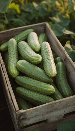 Freshly Picked Cucumbers Overflowing a Rustic Wooden Crate, Ready for the Table or Marketの素材