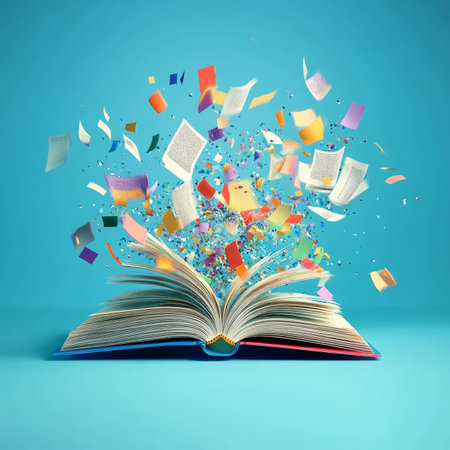 Open Book With Colorful Flying Pages, Confetti, and Geometry Figures on Blue Backgroundの素材