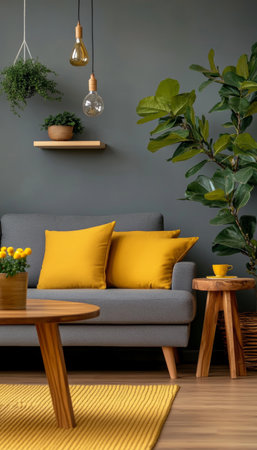 Modern living room interior with stylish gray sofa, yellow pillows, green plants. Cozy home decor.の素材