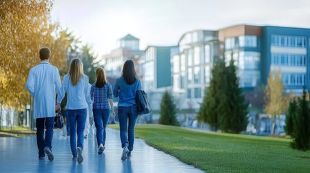 Group of Healthcare Professionals Walking on Path. Back View, Medical Team in White Coats Outdoorsの素材