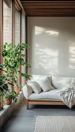 Minimalist Living Room Interior with Beige Sofa, Green Plant, and Large Windows with Natural Lightの素材