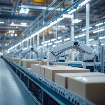 Automated Robotic Arms Packing Boxes on Conveyor, Smart Factory, Warehouse Automationの素材