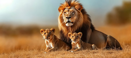 Majestic Male Lion with Two Adorable Cubs Relaxing in the Golden Savanna Grass, Wildlife Photographyの素材