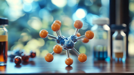 3D Illustration of Molecule Structure Model with Chemistry Glassware in Research Laboratory Settingの素材