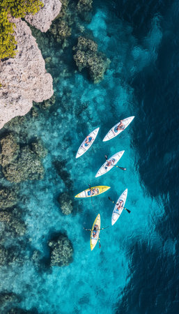 Group Of Eight White Kayaks On Turquoise Water Near Island Cliff, Aerial View Of Summer Adventure.の素材