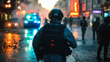 Police Officer in Full Tactical Gear Patrols City Street During Riot with Flashing Lightsの素材